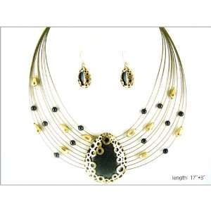 Silver Tone Wire Necklace and Earrings Adorned with Various Onyx Beads 
