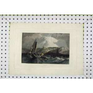  View Treport C1850 Colour Print Stormy Sea Sailing Boat 