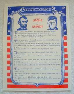 LINCOLN & KENNEDY Presidential Coincidence POSTER Sign  