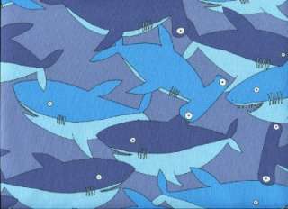 cartoon sharks hammerheads blue cotton quilt fabric image shows 