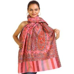Hot Pink Kani Stole with Woven Paisleys in Multi Color Thread   Pure 