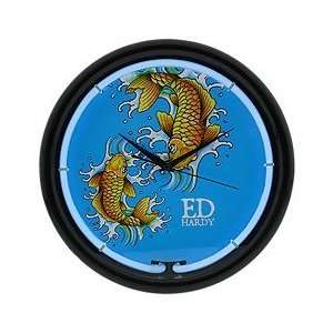   Licensed Don Ed Hardy Gold Koi Fish Neon Clock
