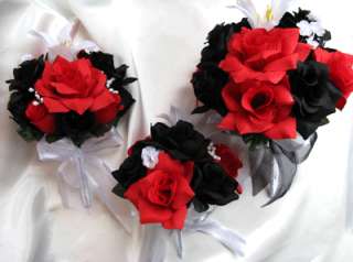 21pc Wedding bouquet Centerpiece flower BLACK/RED/LILY  