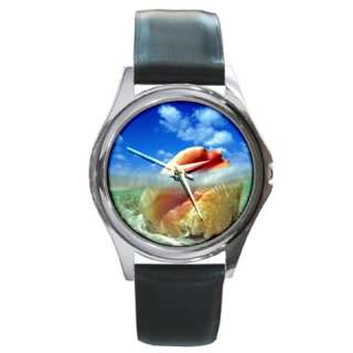 Caribbean Shell Ocean Nature Black Silver Leather Watch  
