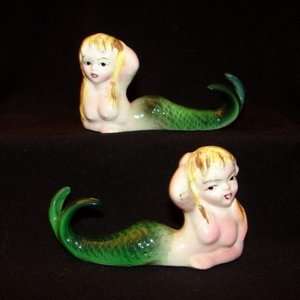 Vintage Mermaid Girl Salt & Pepper Shaker Figurines Blonde Hair Fish 