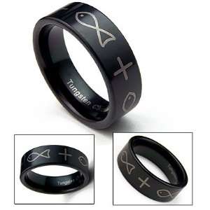    8mm Mens Black Tungsten Band Icthus Cross Wedding Ring: Jewelry