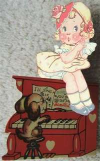   GIRL on PIANO VALENTINES DAY Card ROSE HEARTS DOG 1930s USA  