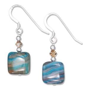   Sterling Silver Square Blue Lace Agate and Crystal Earrings Jewelry