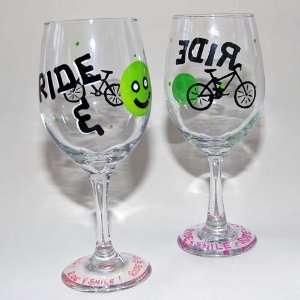 Hand Painted Ride and Smile Bike Wine Glass:  Kitchen 
