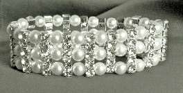 Bridal 3 Row Pearl Crystal Wedding Stretch Bracelet  