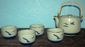 ASIAN STYLE POTTERY TEA SET GREY/BLUE/WHITE W/SEAGULLS  