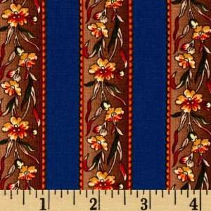   Large Floral Stripe Tan/Blue Fabric By The Yard Arts, Crafts & Sewing
