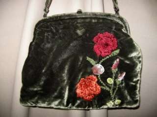 Vintage RADA BORSE Italy Green Velvet Handbag Embroidered w/Flowers 
