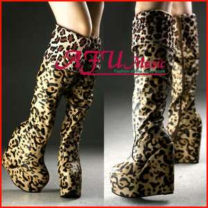 NEW Super High Heels Wedge Platform Womens Leopard Zipper Over Knee 