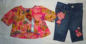 Baby Gap NWT Portobellow Watercolor Shirt & Flower Embellished Jeans 0 