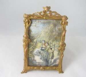 18th C FRENCH MINIATURE PAINTING COUPLE BRONZE FRAME  