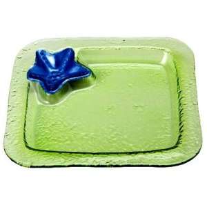  Green Glass Square Plate w/Starfish: Kitchen & Dining