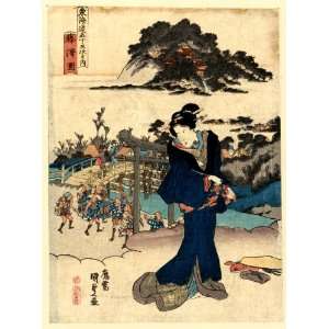  1835 Japanese Print woman standing on a cloud, watching 