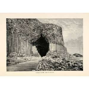 1882 Wood Engraving Fingals Cave Isle Staffa Scotland Basalt Crystals 