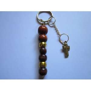   Handcrafted Bead Key Fob   Brown, Gold*/Gold*/Cross 