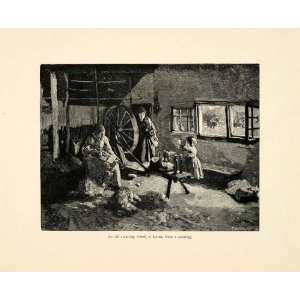 1899 Woodcut Spinning Wheel Laren Women Child Yarn Thread Dutch Albert 