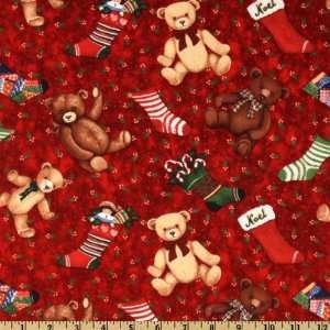  44 Wide Holiday Home Bears and Stockings Red Fabric By 