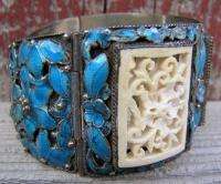   Panel Hinge Bracelet Marked CHINA Carved Ox Bone & Blue Enamel c1900