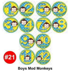  BOY MOD MONKEY Baby Month Onesie Stickers Baby Shower Gift 