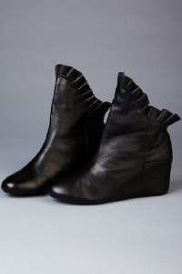 Black Shalee Ruffle Edge Leather Covered Wedge Ankle Bootie 9 
