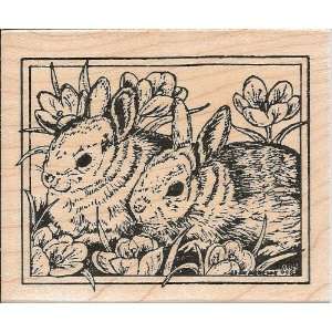  Two Bunnies and Crocuses Wood Mounted Rubber Stamp (M6984 