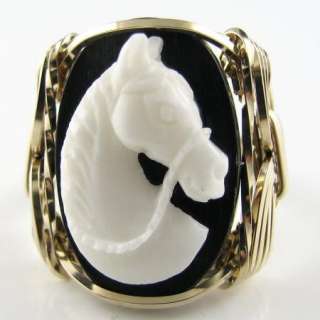 Carved Cow Bone Horse Head Cameo Ring 14K Rolled Gold Custom Jewelry 