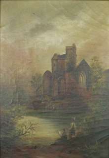 Antique Oil Painting Gilt Frame Landscape Castle 19th C  