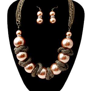 Chunky Acrylic Pearl & Metal Cream Gold Crystal Accented Necklace 