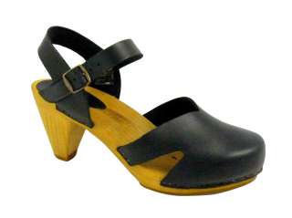 SANITA Jasmine Black Leather Ladies High Heel Clogs  