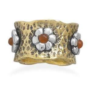  Carnelian Daisy Flower Ring Brass and Sterling Silver 