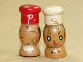   Carved Wood Hand Painted Figurine Salt & Pepper Shakers Japan *  