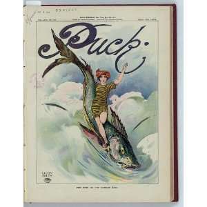   Summer Surf,woman wearing swimsuit,standing on large fish,waves,1911