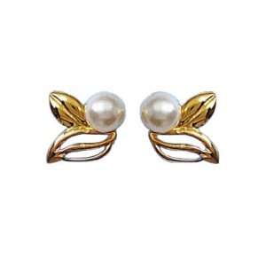  18K Gold Plated Pearl Leaf Stud Earrings Jewelry