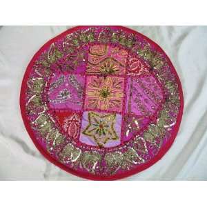  Pink Round Chair Beaded Sari Decorative Cushion 16