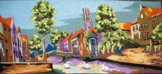 Completed needlepoint tapestry European city river 46  