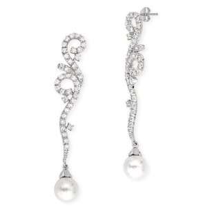 Swirling C.Z. Diamond Imitation Pearl Long Drop Bridesmaids Earrings