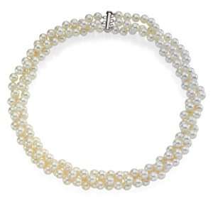   White Pearl Necklace 3 Rows Triple Strand: Diamond Designs: Jewelry