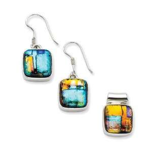   Dichroic Glass Square Shaped Earrings Pendant in Sterling Jewelry