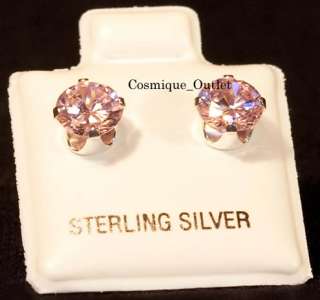   PAIRS ROUND CUT SOLID STERLING SILVER PINK DIAMONIQUE CZ STUD EARRINGS