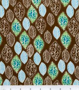Fabric Brown Green Blue Leaf Swirl Tropical Cotton BTY  