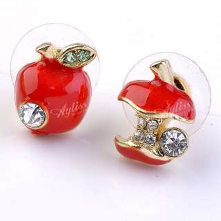   Red Apple Shape Bead Crystal Glass Girls Ear Stud Earrings  