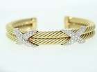   14k Yellow Gold 2.0ct Diamond Double Cable X Bangle Cuff Bracelet