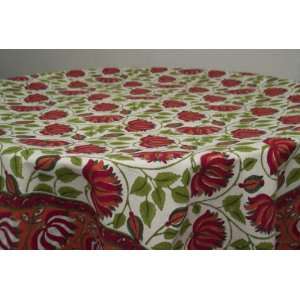  Hand Block Printed Table Cloth Red/Orange Lotus 55 inch x 