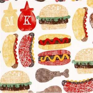  white Michael Miller fabric ketchup & mustard fast food 