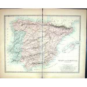   Antique Map 1880 Spain Portugal Ibiza Majorca Minorca